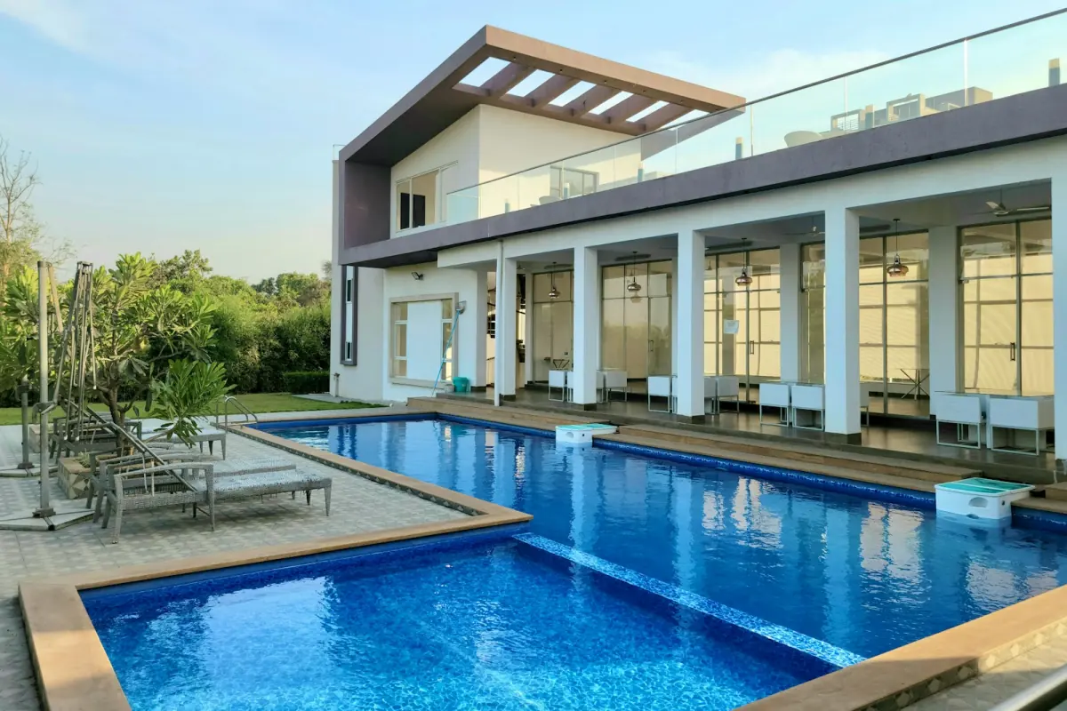 Modern vacation home with a swimming pool and terrace